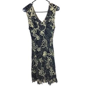 Jolibel Black Floral Applique V-Neck net Overlay Dress Women's Size 10